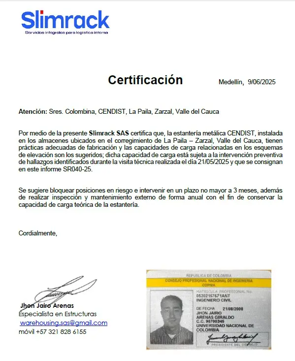 Proyecto 13 de inspección y certificación de estanterías en Colombia — Slimrack