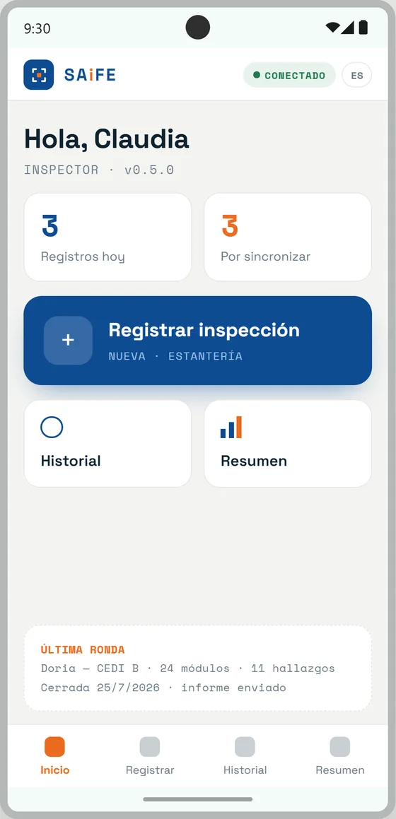 Inicio de la app SAiFE con registros del día y botón para registrar inspección